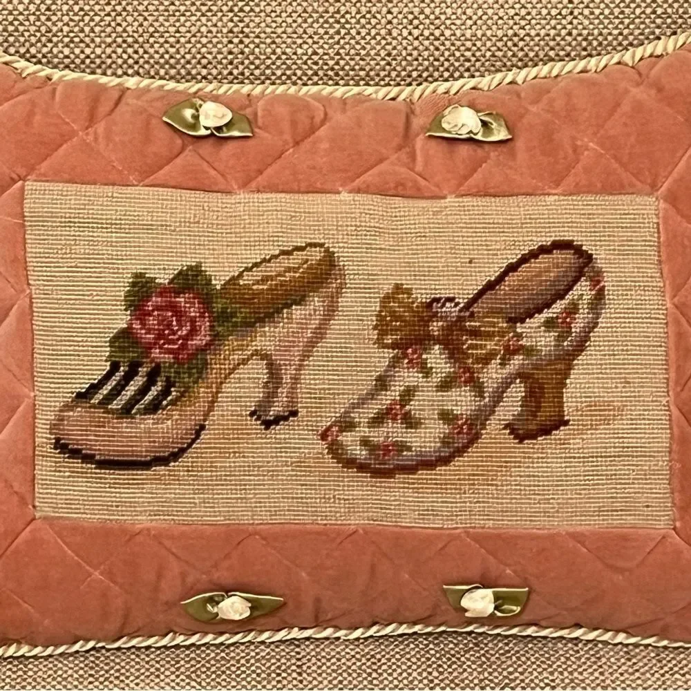 Vtg Handmade Embroidered Needle Point Tapestry Ruffle Tassel Rectangle Pillow
